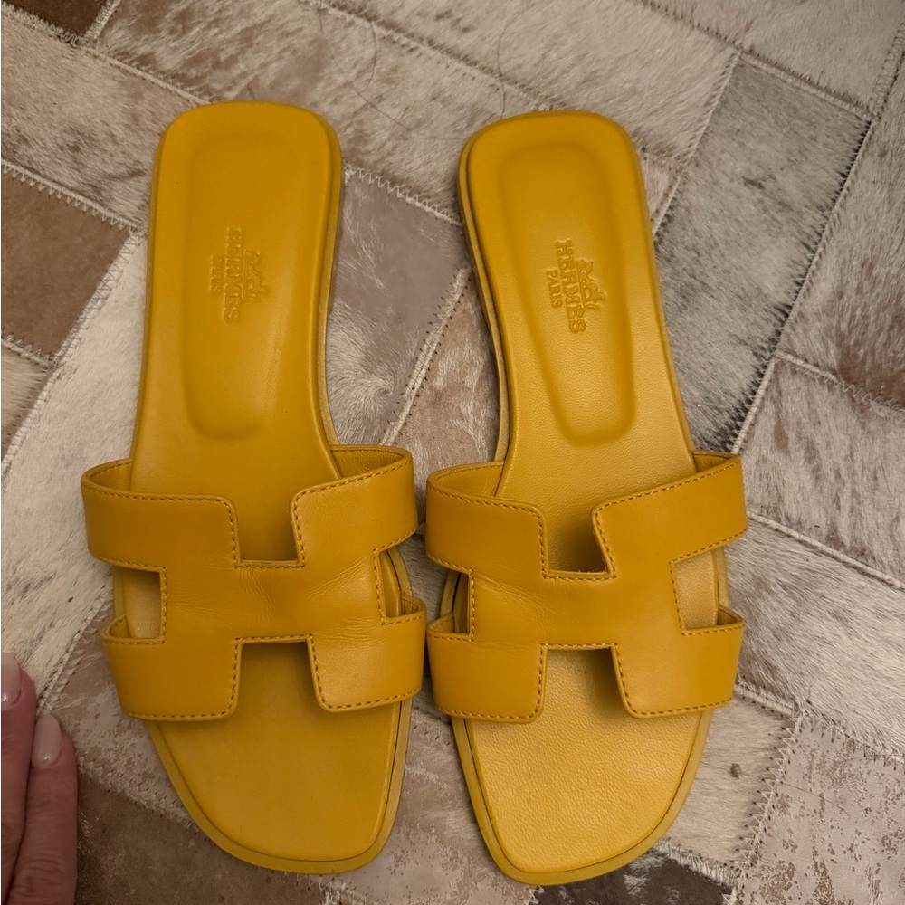 Hermes Mustard Leather Slide Sandals